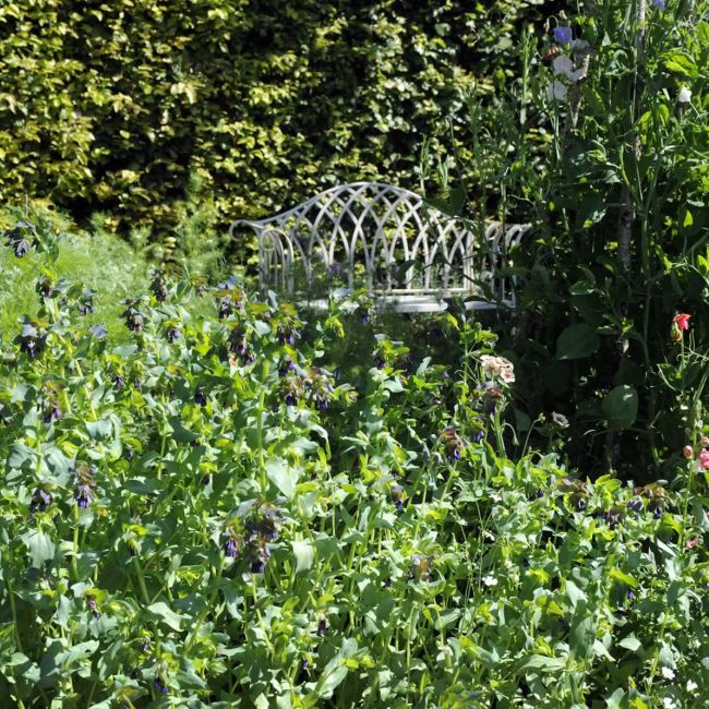 Choose seating thats decorative as well as functional. This white metal chair stands out against a green backdrop